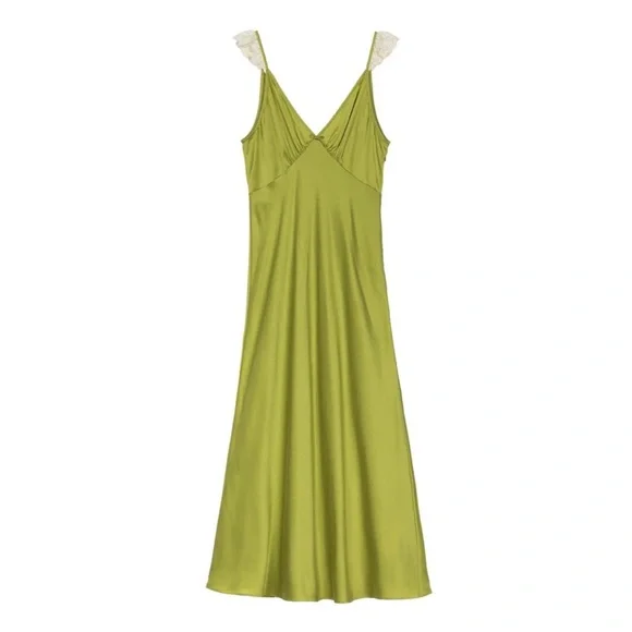 DOEN Claire Dress Silk Chartreuse Green Midi Maxi Slipdress XS Babydoll Retro - Picture 5 of 15